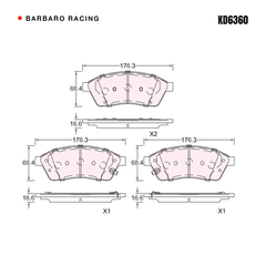 Barbaro Racing KD6360 brake pad shape drawing - 176.3 x 68.4 x 16.6 mm