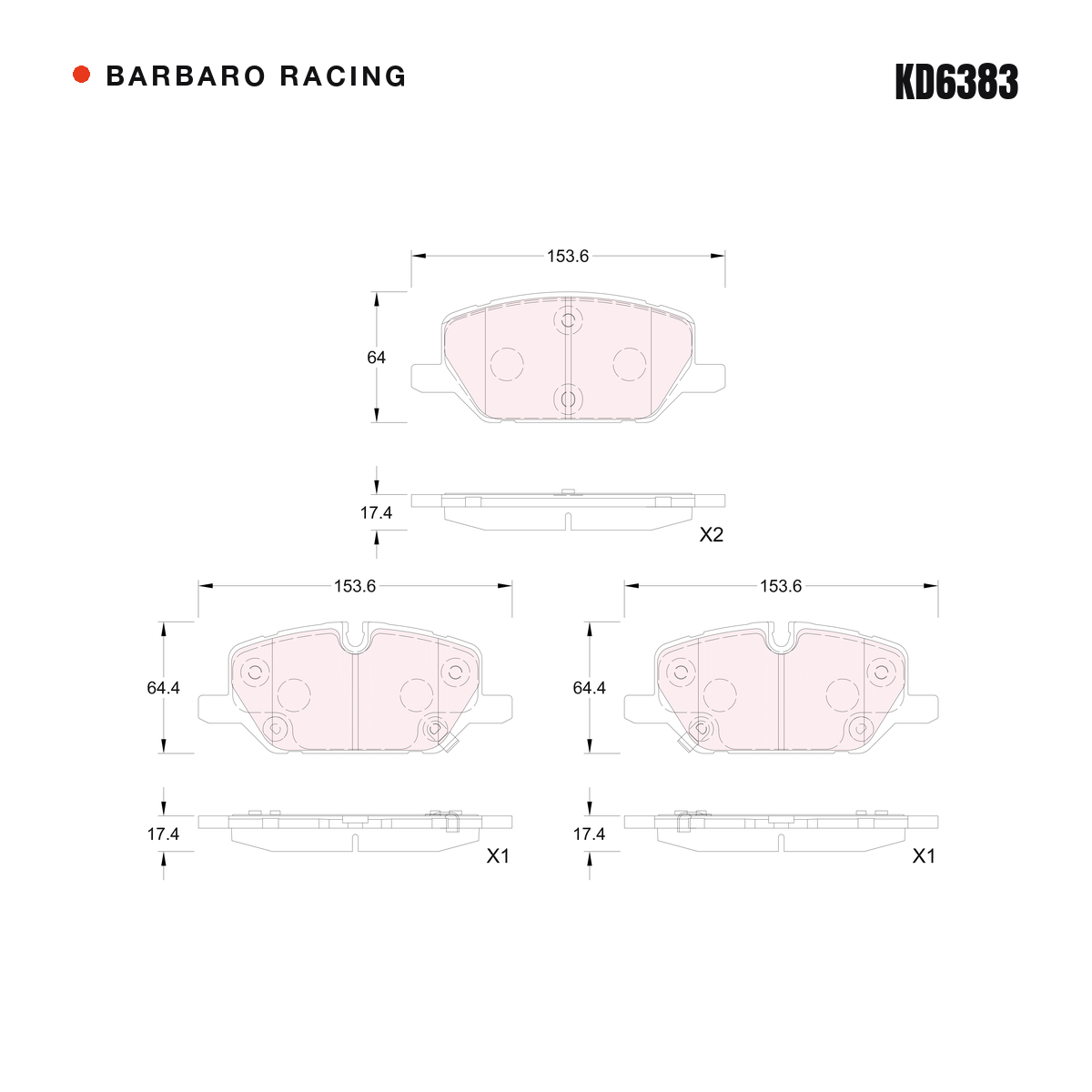 Barbaro Racing KD6383 brake pad shape drawing - 153.6 x 64.4 x 17.4 mm