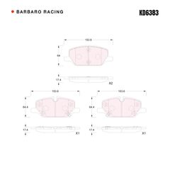 Barbaro Racing KD6383 brake pad shape drawing - 153.6 x 64.4 x 17.4 mm