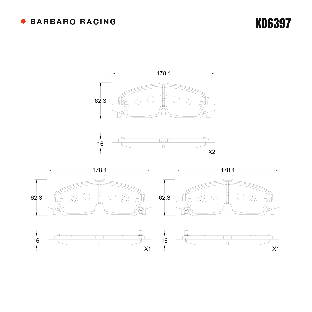 Barbaro Racing KD6397 brake pad shape drawing - 178.1 x 62.3 x 16 mm