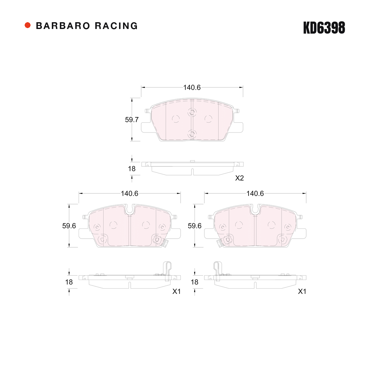Barbaro Racing KD6398 brake pad shape drawing - 140.6 x 59.7 x 18 mm