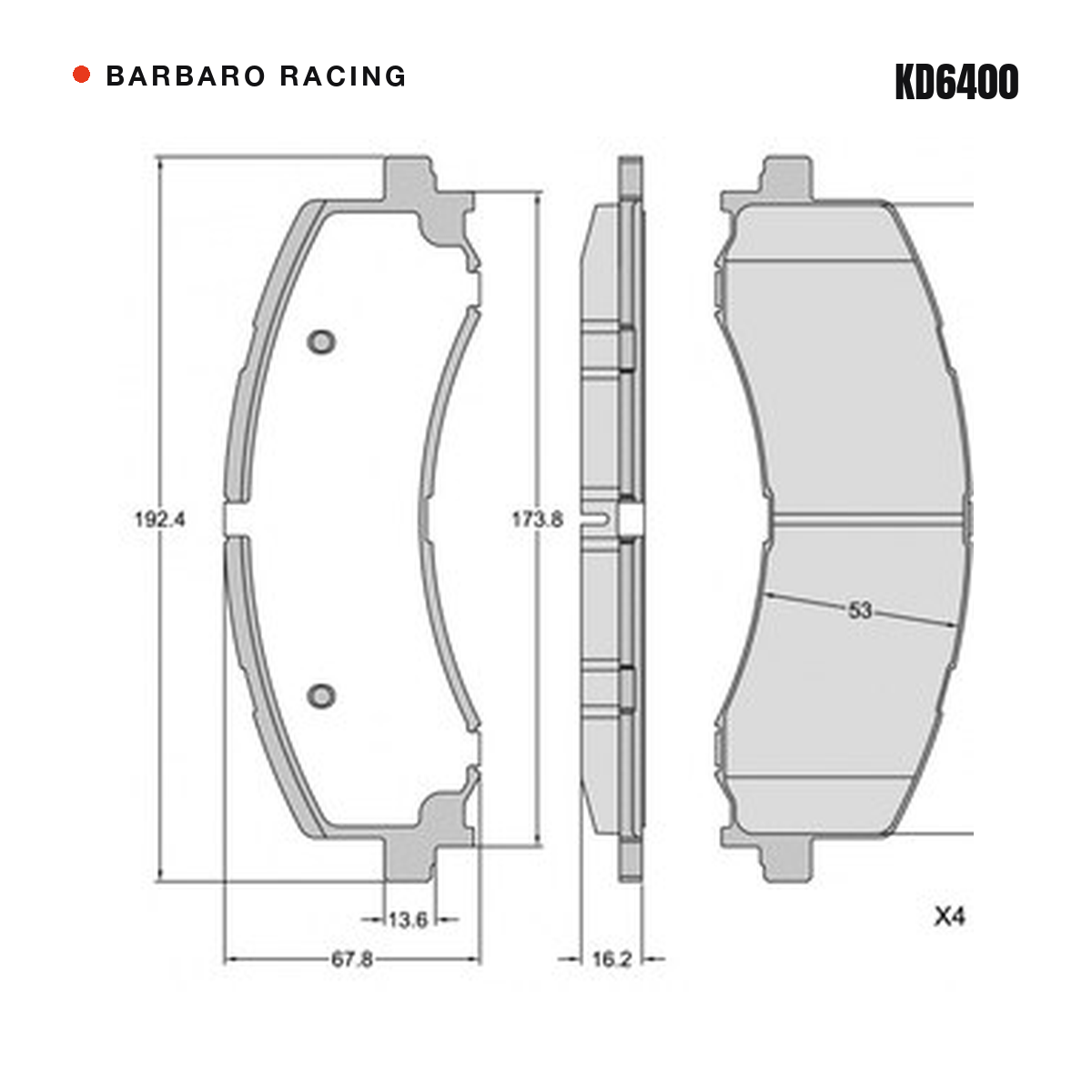 Barbaro Racing KD6400 brake pad shape drawing - 192.4 x 67.8 x 16.2 mm