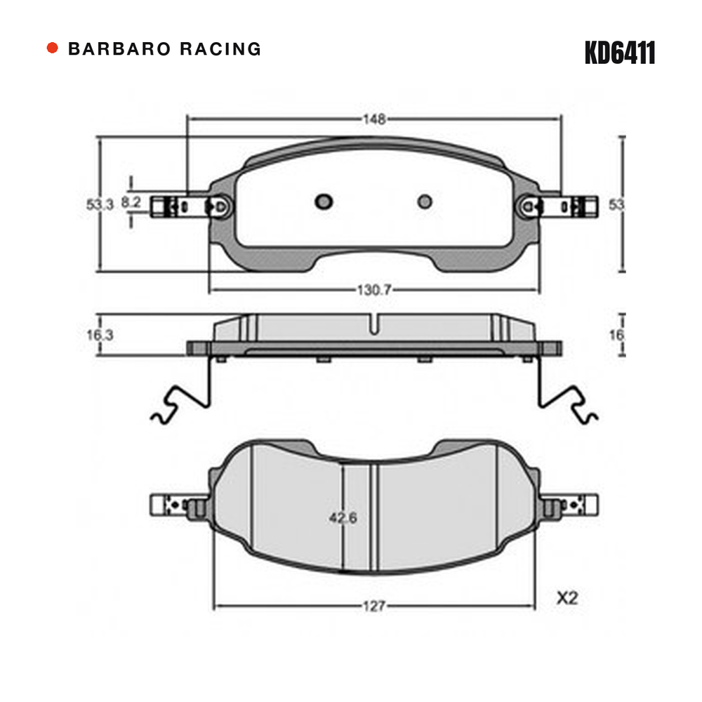 Barbaro Racing KD6411 brake pad shape drawing - 148 x 53.3 x 16.3 mm