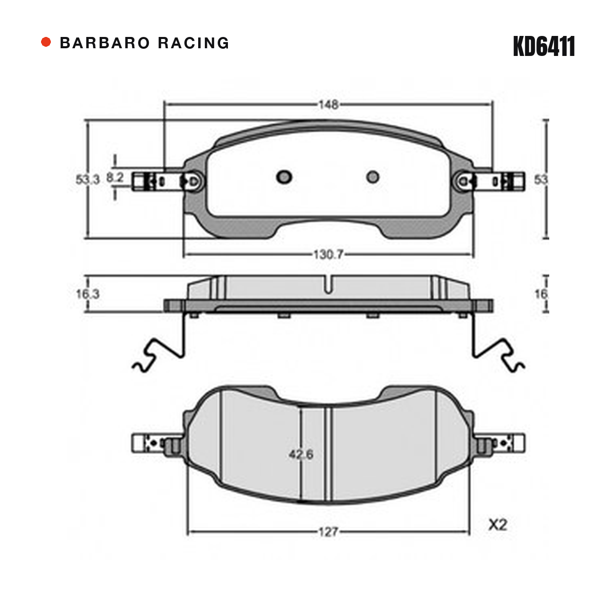 Barbaro Racing KD6411 brake pad shape drawing - 148 x 53.3 x 16.3 mm