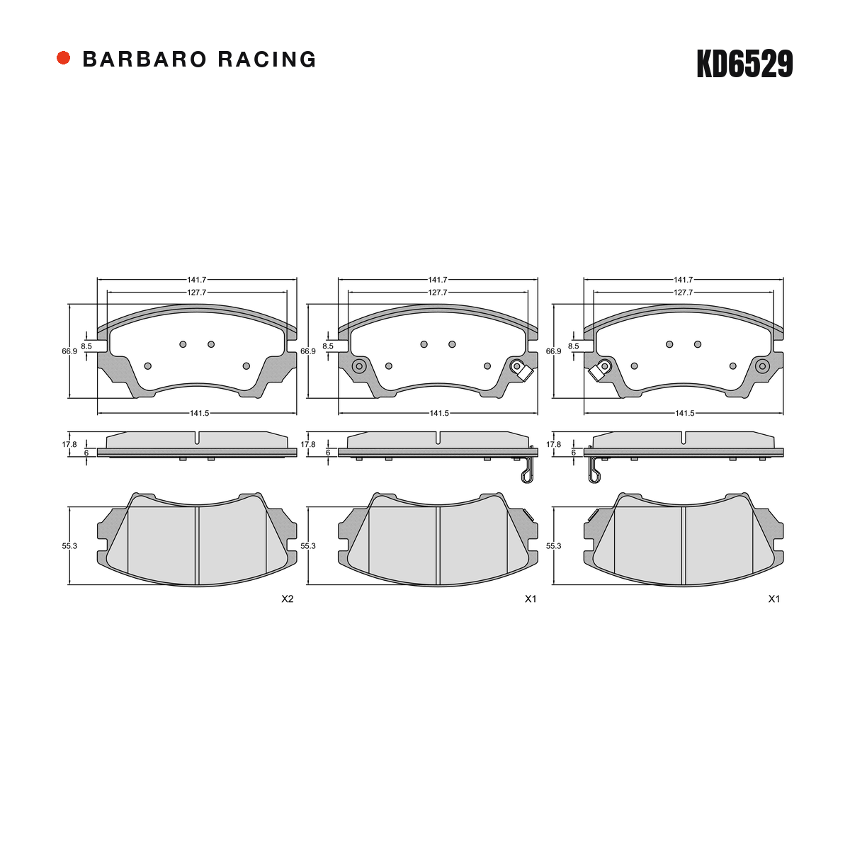 Barbaro Racing KD6529 brake pad shape drawing - 141.7 x 66.9 x 17.8 mm
