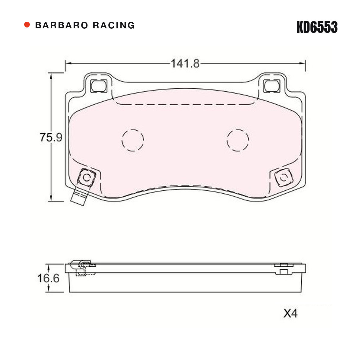 Barbaro Racing KD6553 brake pad shape drawing - 141.8 x 75.9 x 16.6 mm