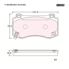 Barbaro Racing KD6553 brake pad shape drawing - 141.8 x 75.9 x 16.6 mm