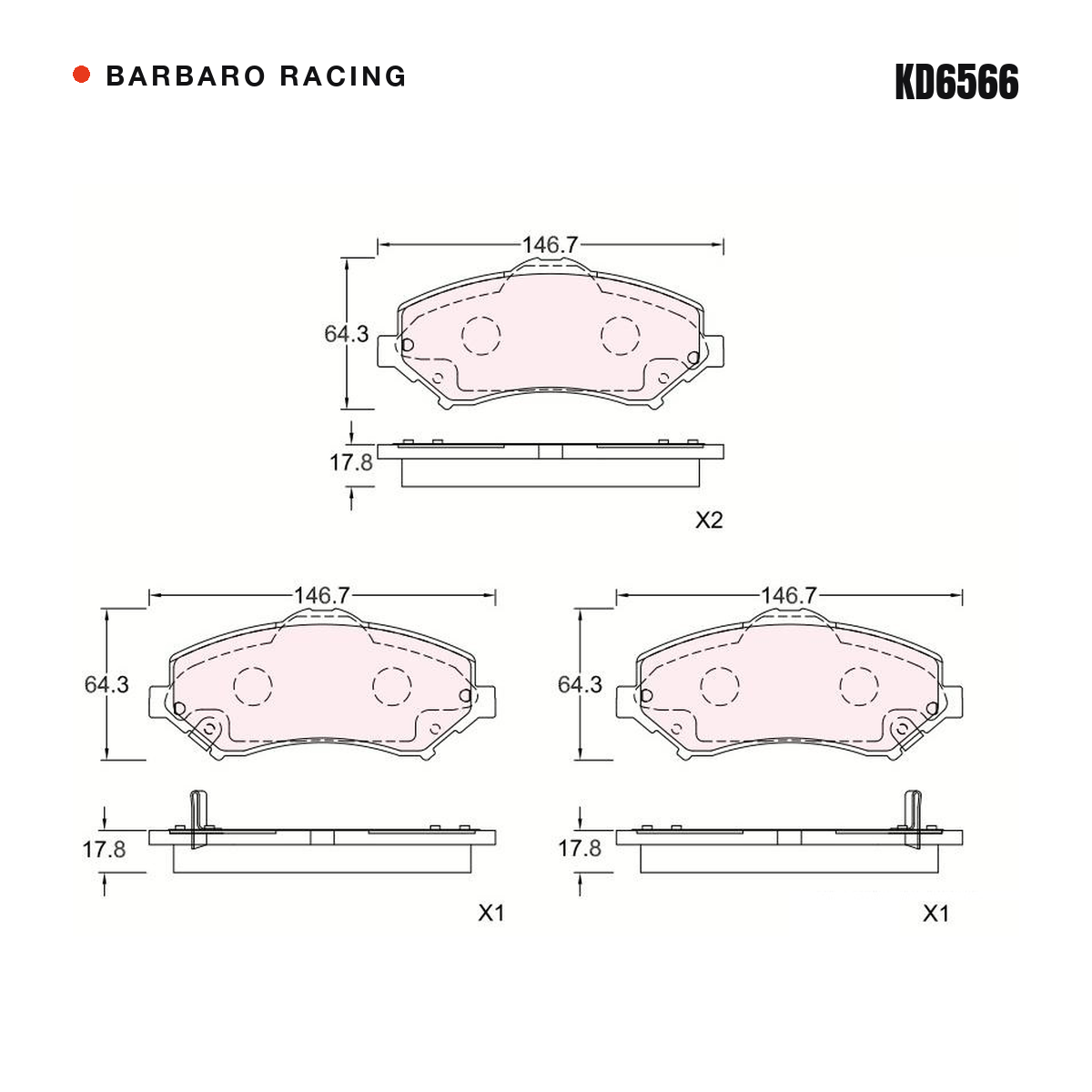 Barbaro Racing KD6566 brake pad shape drawing - 146.7 x 64.3 x 17.8 mm