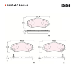 Barbaro Racing KD6566 brake pad shape drawing - 146.7 x 64.3 x 17.8 mm