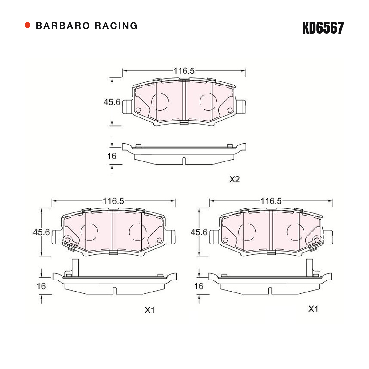 Barbaro Racing KD6567 brake pad shape drawing - 116.5 x 45.6 x 16 mm
