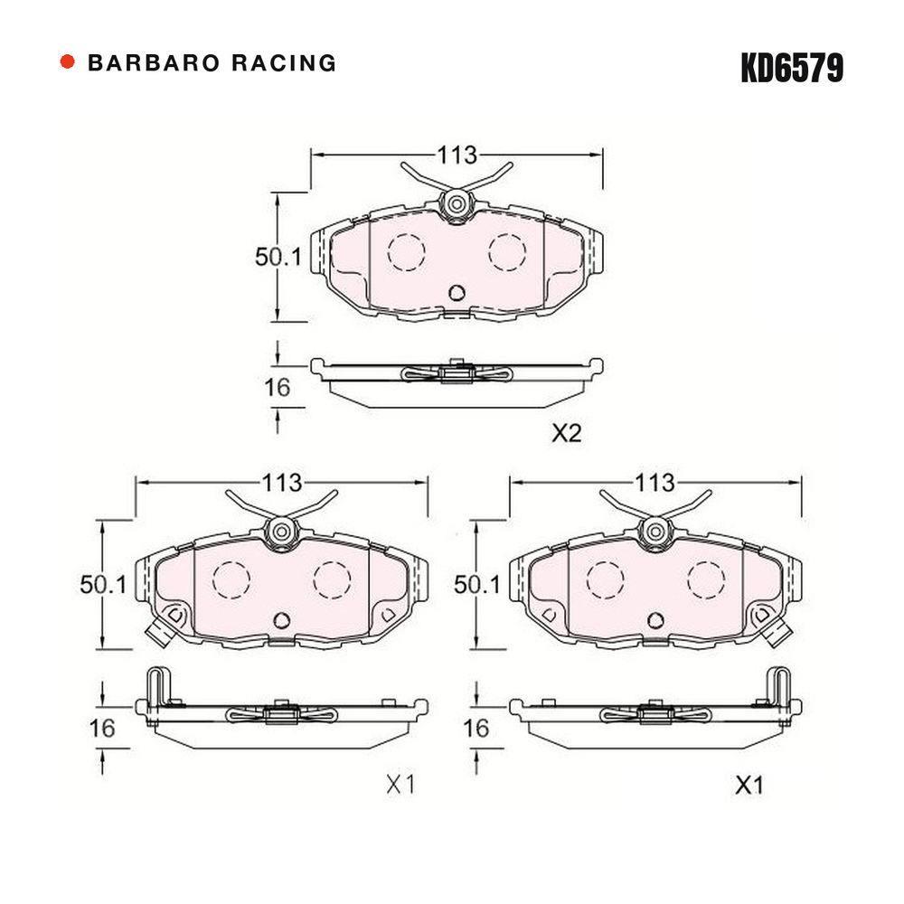 Barbaro Racing KD6579 brake pad shape drawing - 113 x 50 x 16 mm