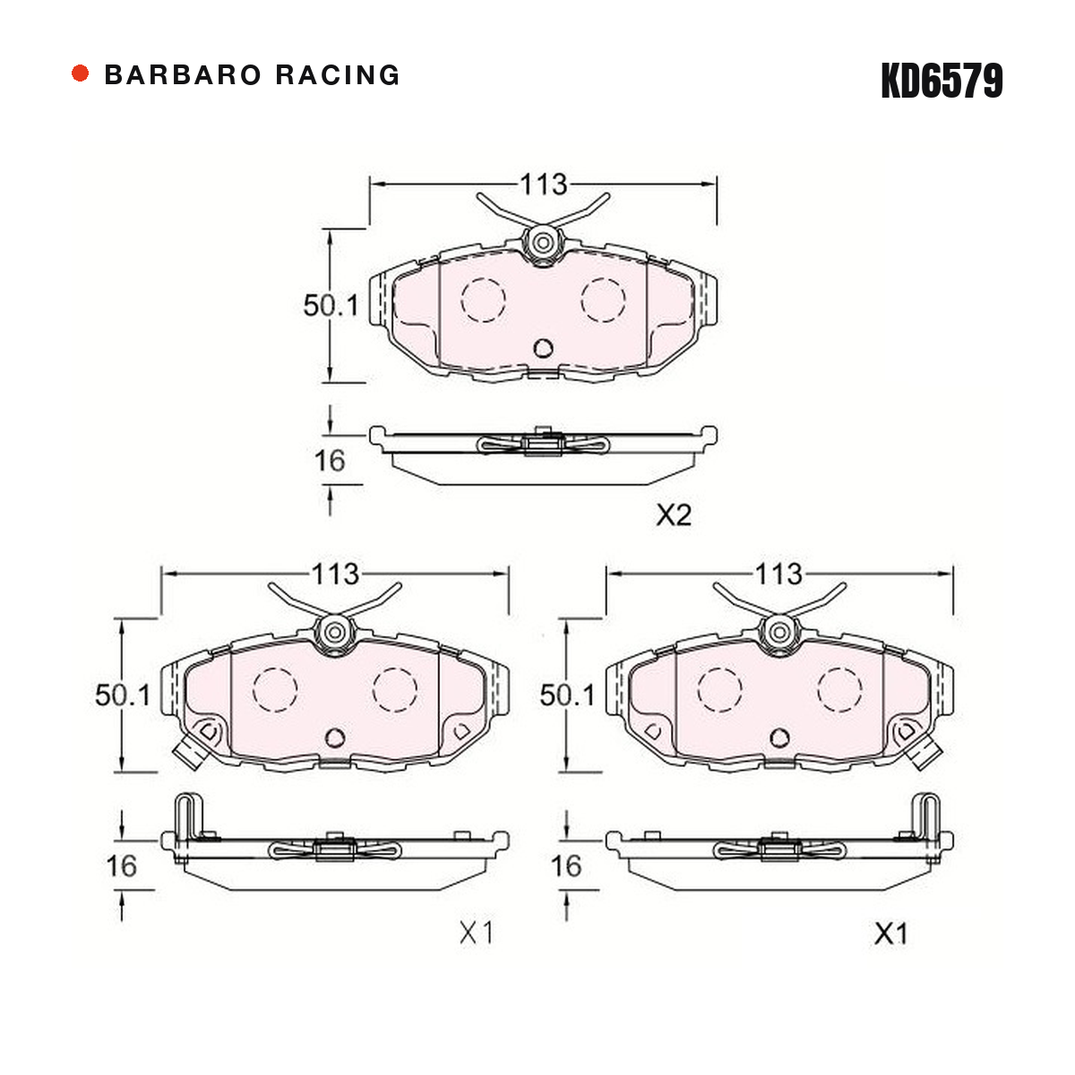 Barbaro Racing KD6579 brake pad shape drawing - 113 x 50 x 16 mm