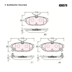 Barbaro Racing KD6579 brake pad shape drawing - 113 x 50 x 16 mm