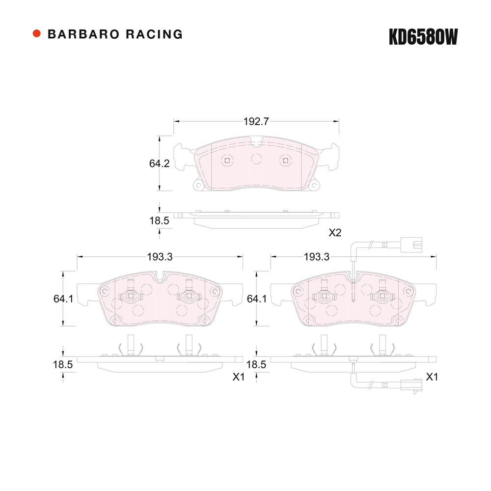 Barbaro Racing KD6580W brake pad shape drawing - 193.3 x 64.1 x 18.5 mm