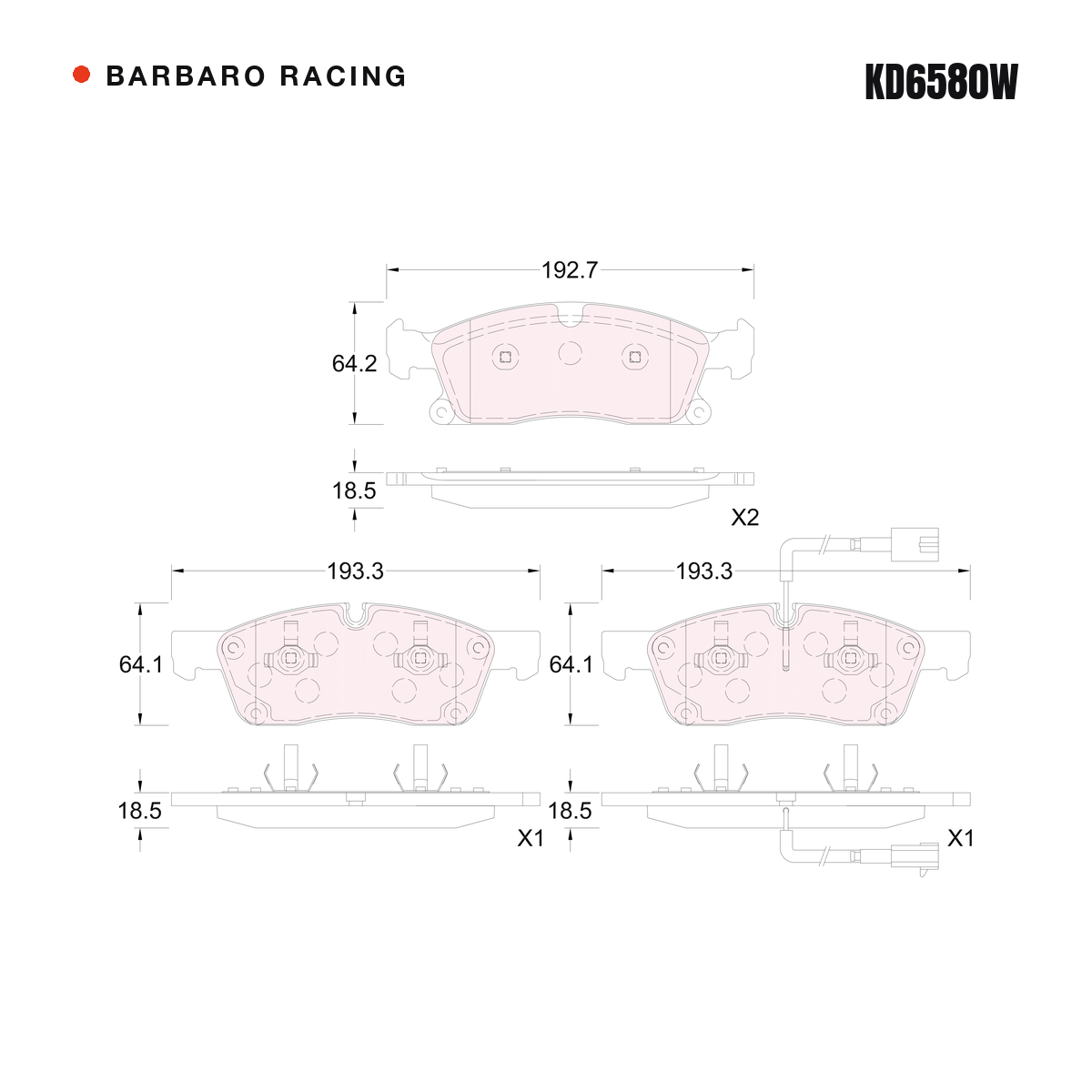Barbaro Racing KD6580W brake pad shape drawing - 193.3 x 64.1 x 18.5 mm