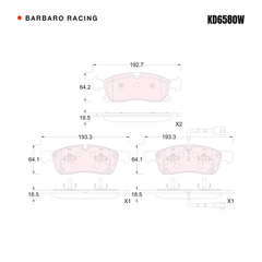 Barbaro Racing KD6580W brake pad shape drawing - 193.3 x 64.1 x 18.5 mm
