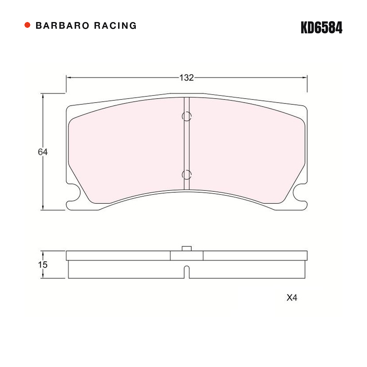 Barbaro Racing KD6584 brake pad shape drawing - 132 x 64 x 15 mm