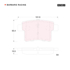 Barbaro Racing KD6590 brake pad shape drawing - 101.9 x 55.4 x 15.5 mm