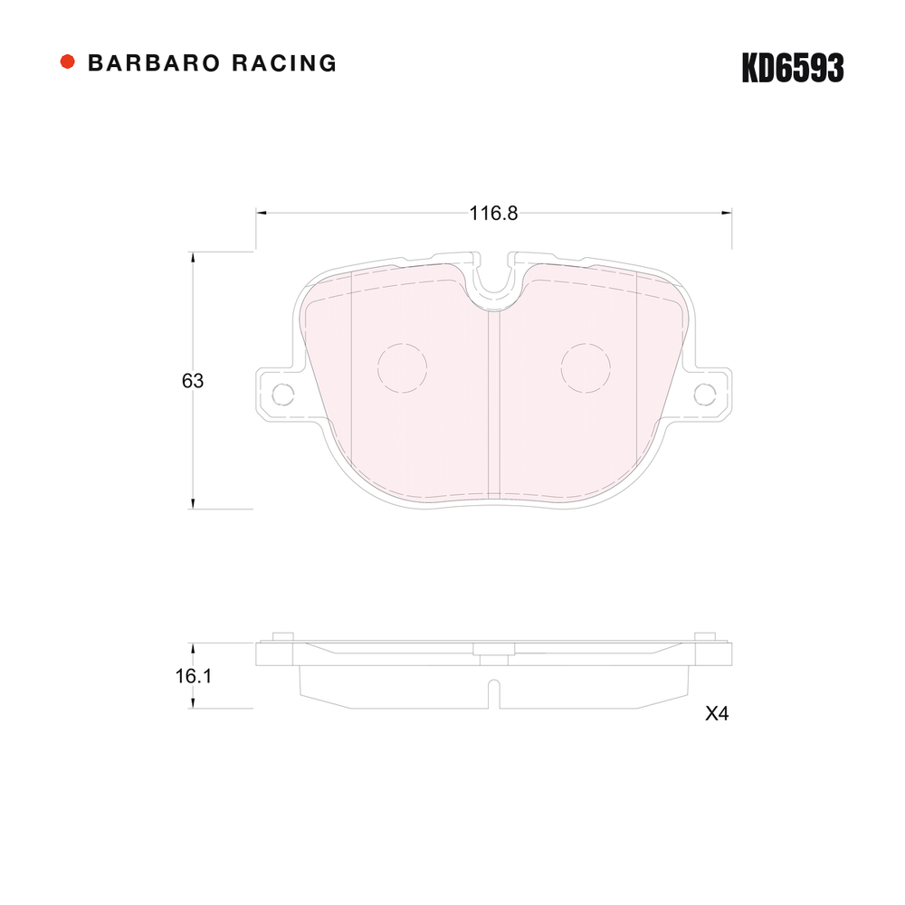 Barbaro Racing KD6593 brake pad shape drawing - 116.6 x 62.9 x 16.1 mm