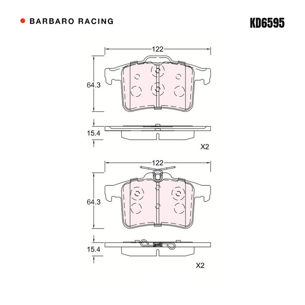 Barbaro Racing KD6595 brake pad shape drawing - 122 x 64.3 x 15.4 mm