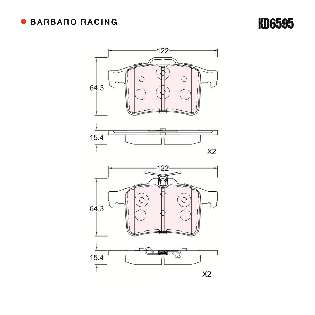 Barbaro Racing KD6595 brake pad shape drawing - 122 x 64.3 x 15.4 mm