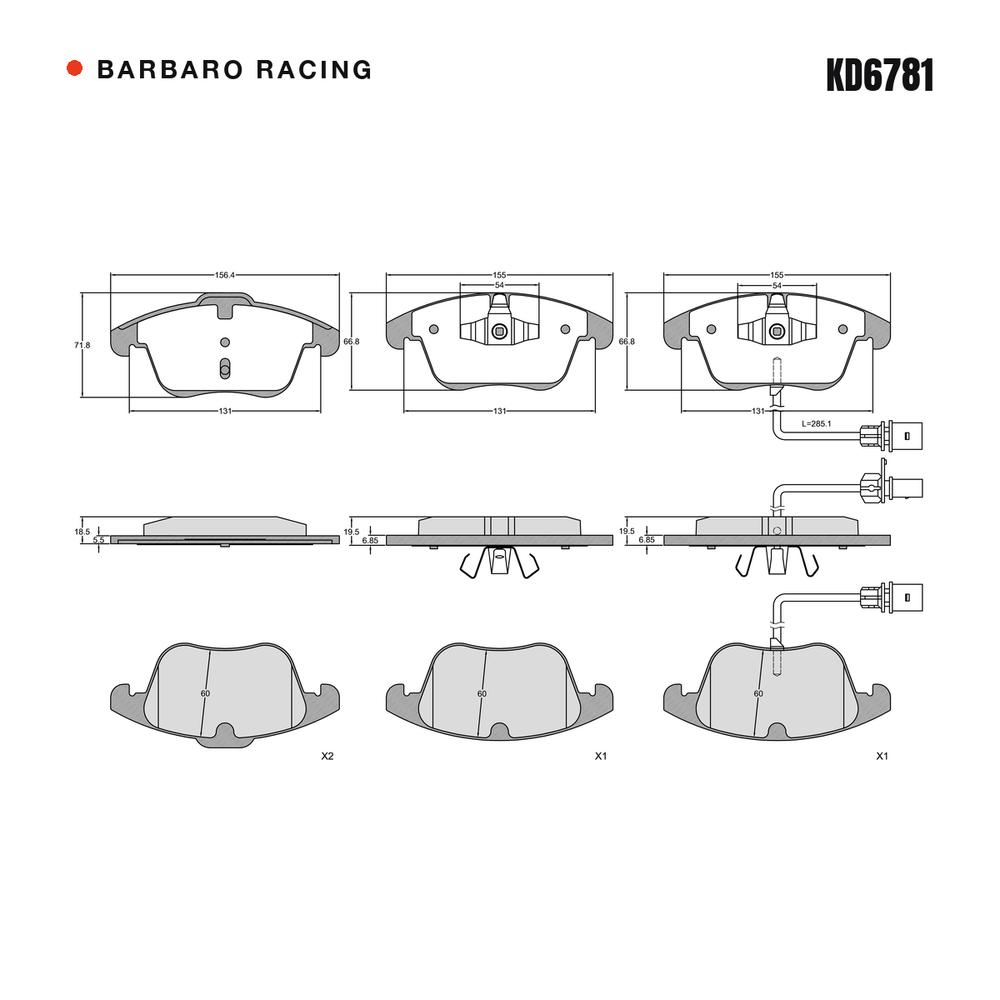 Barbaro Racing KD6781 brake pad shape drawing - 156.4 x 71.7 x 18.5 mm