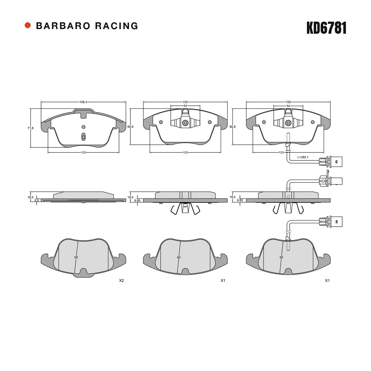 Barbaro Racing KD6781 brake pad shape drawing - 156.4 x 71.7 x 18.5 mm