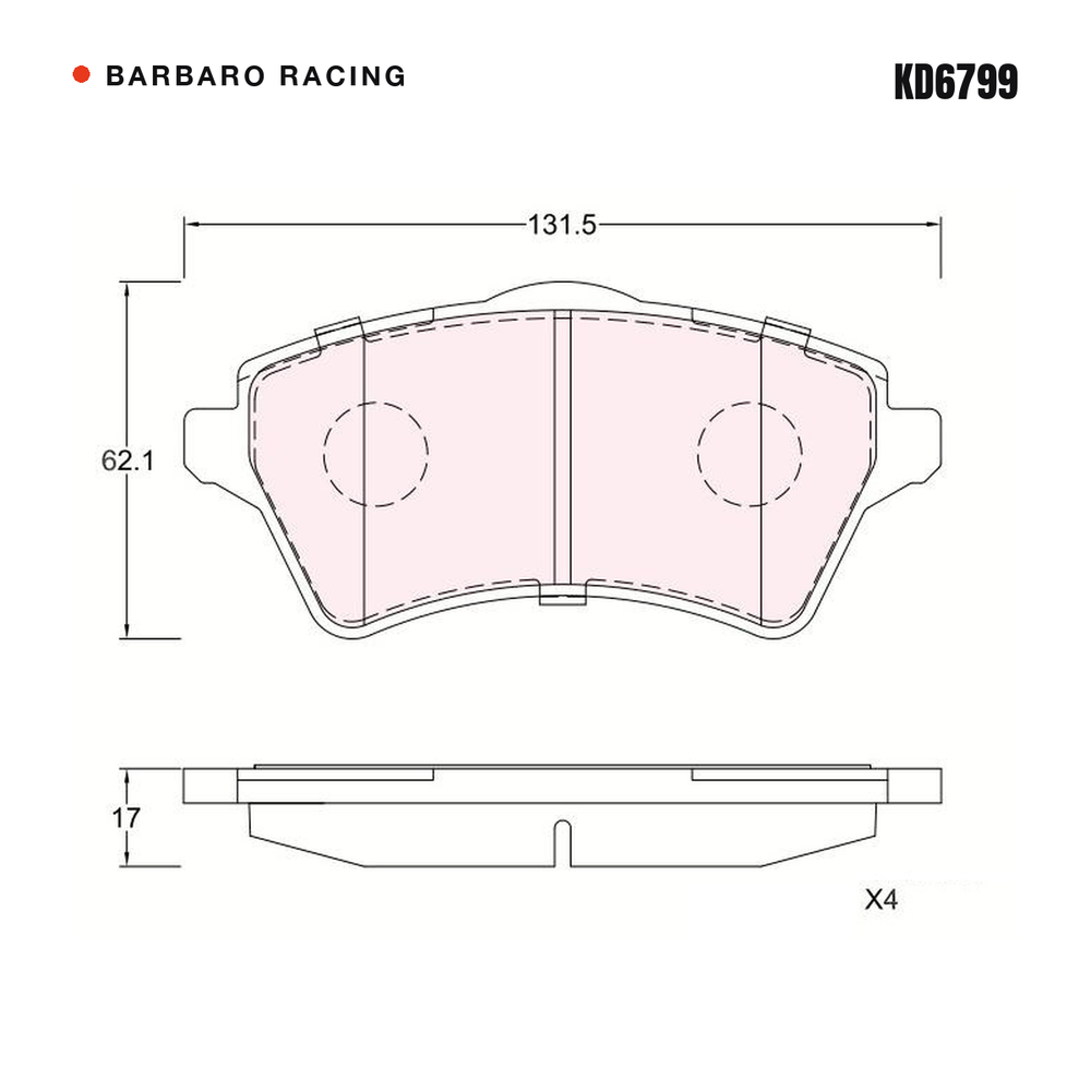 Barbaro Racing KD6799 brake pad shape drawing - 131.6 x 62 x 17 mm
