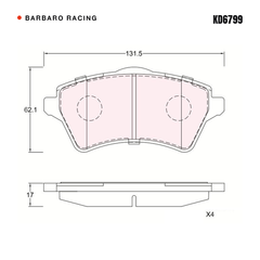 Barbaro Racing KD6799 brake pad shape drawing - 131.6 x 62 x 17 mm