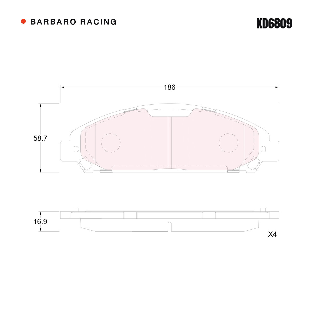 Barbaro Racing KD6809 brake pad shape drawing - 186.1 x 58.8 x 16.9 mm