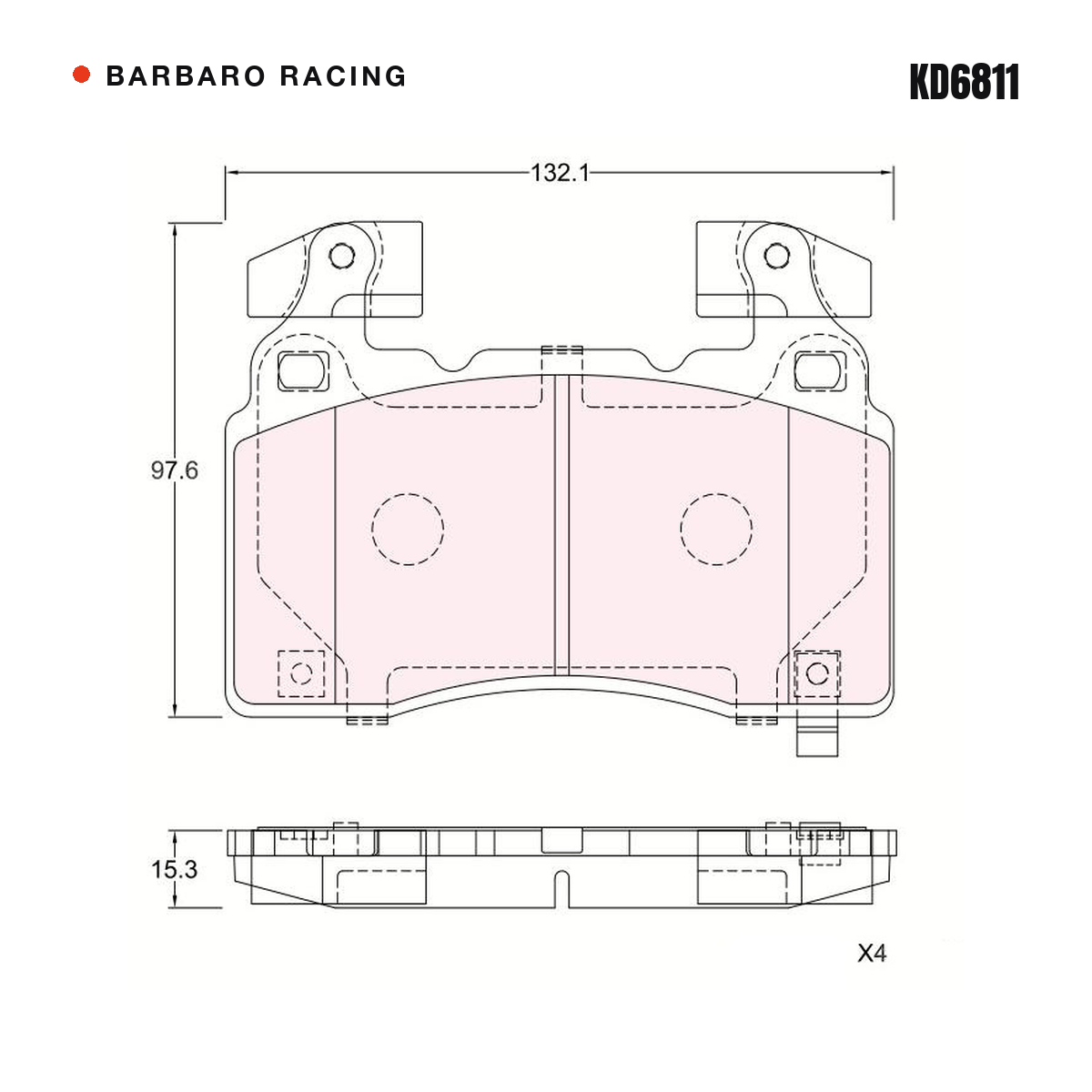 Barbaro Racing KD6811 brake pad shape drawing - 132.1 x 97.6 x 15.3 mm