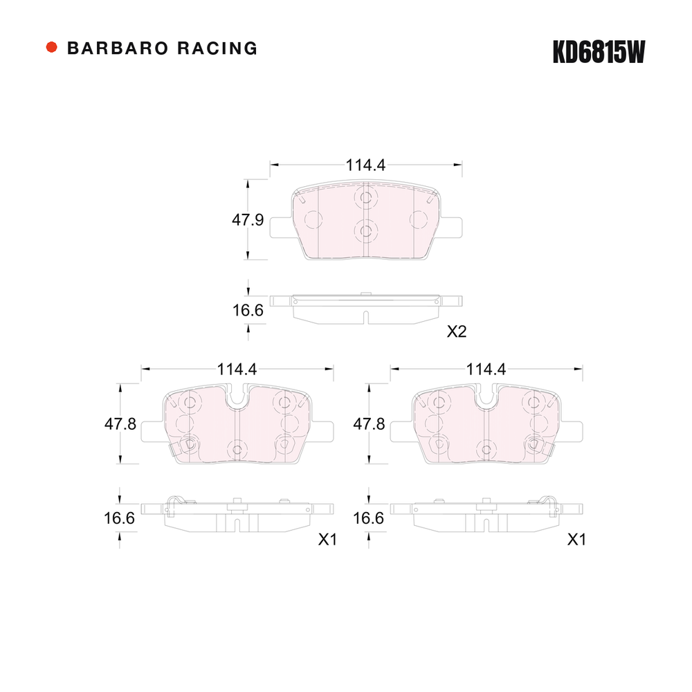 Barbaro Racing KD6815W brake pad shape drawing - 114.4 x 47.9 x 16.6 mm