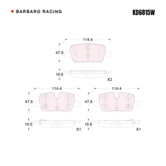 Barbaro Racing KD6815W brake pad shape drawing - 114.4 x 47.9 x 16.6 mm