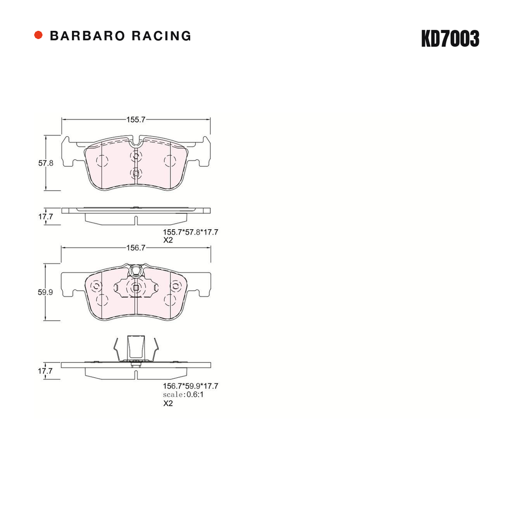 Barbaro Racing KD7003 brake pad shape drawing - 155.7 x 57.8 x 17.7 mm