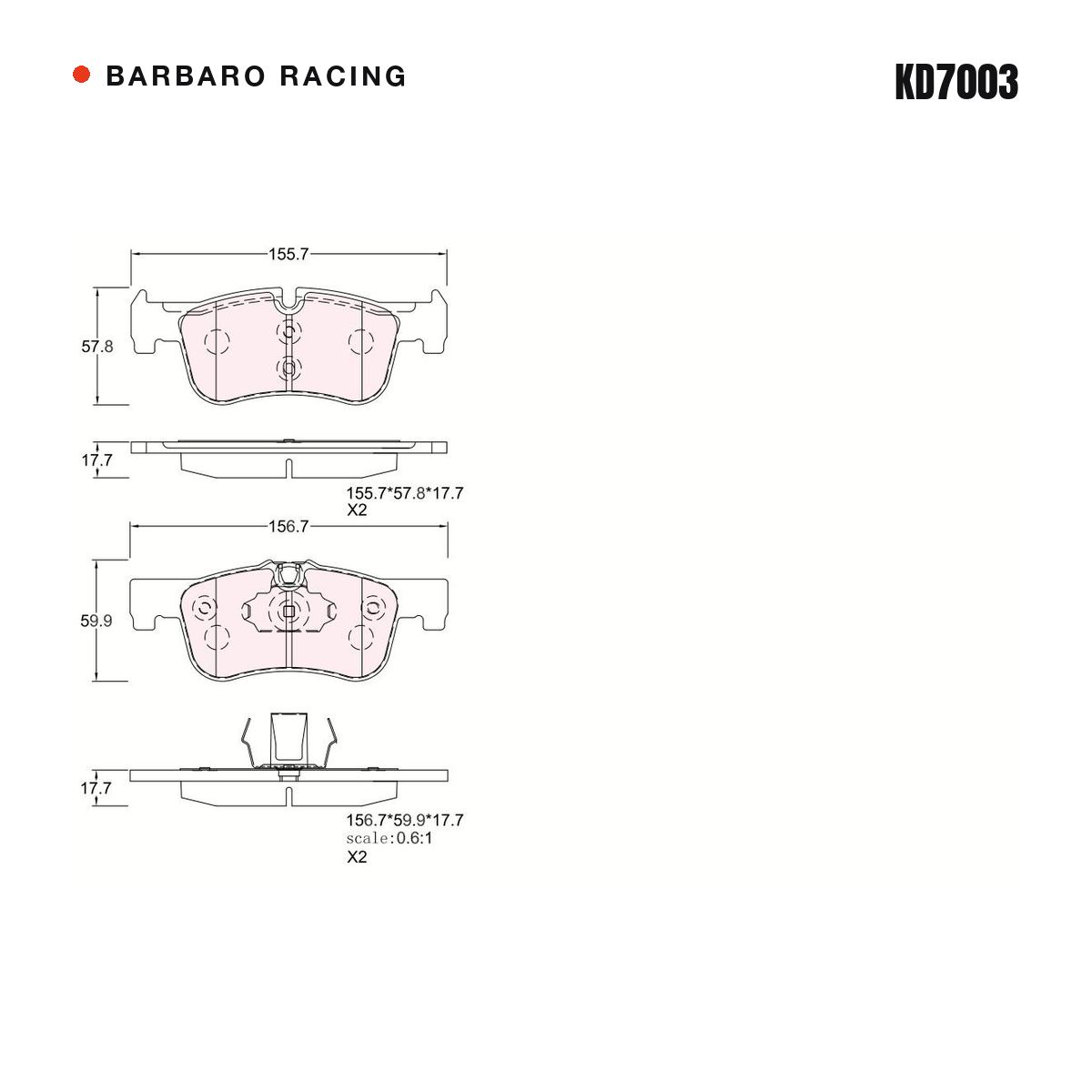 Barbaro Racing KD7003 brake pad shape drawing - 155.7 x 57.8 x 17.7 mm