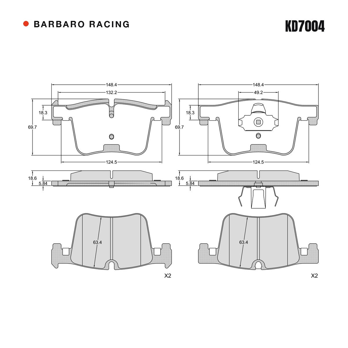 Barbaro Racing KD7004 brake pad shape drawing - 148.4 x 69.7 x 18.6 mm
