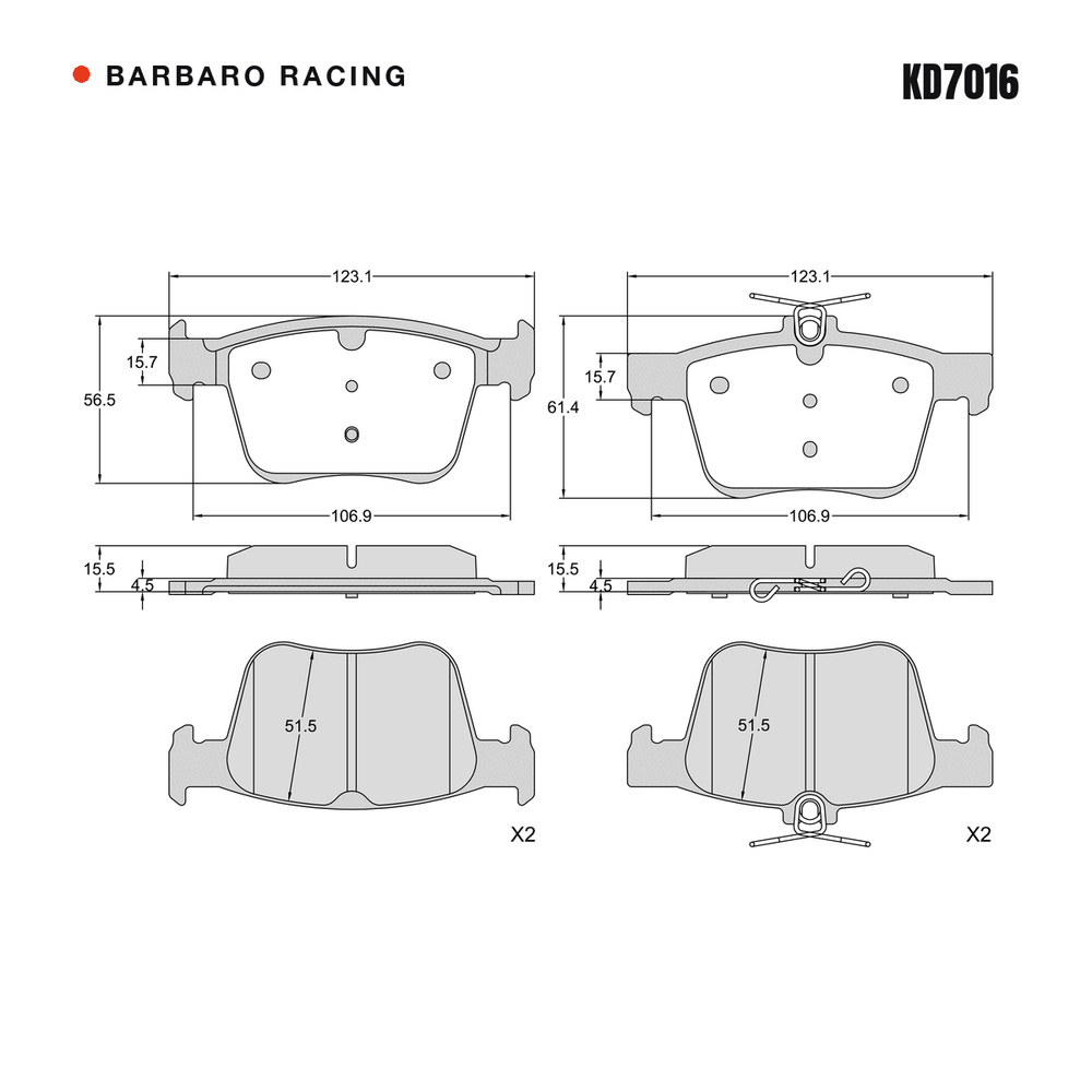 Barbaro Racing KD7016 brake pad shape drawing - 123.1 x 56.5 / 61.4 x 15.5 mm