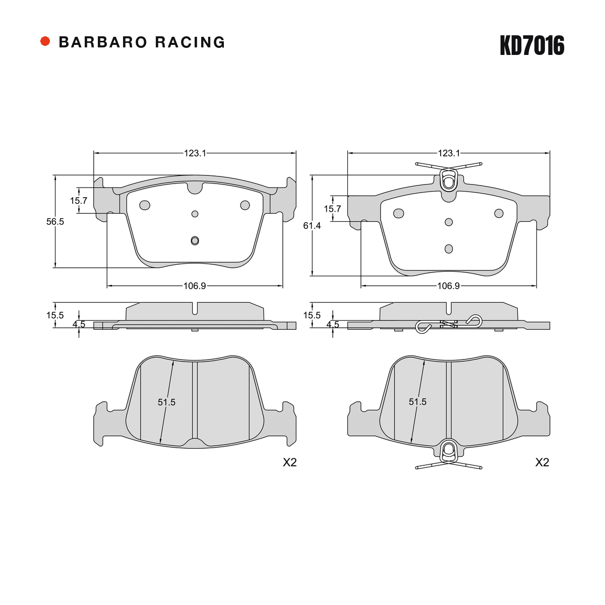 Barbaro Racing KD7016 brake pad shape drawing - 123.1 x 56.5 / 61.4 x 15.5 mm