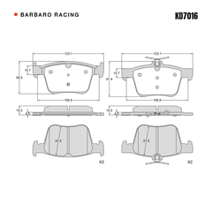 Barbaro Racing KD7016 brake pad shape drawing - 123.1 x 56.5 / 61.4 x 15.5 mm