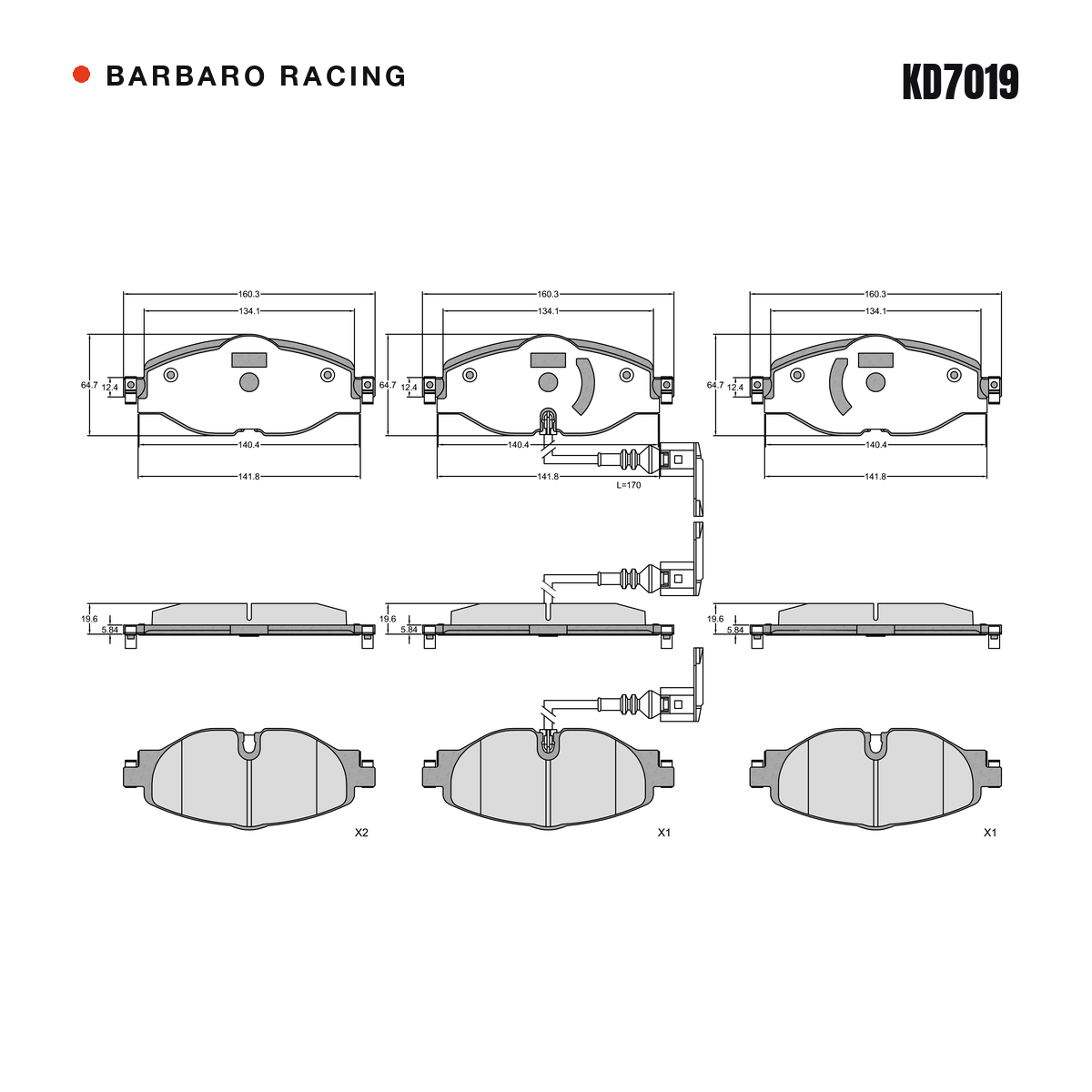 Barbaro Racing KD7019 brake pad shape drawing - 160.3 x 64.7 x 19.6 mm