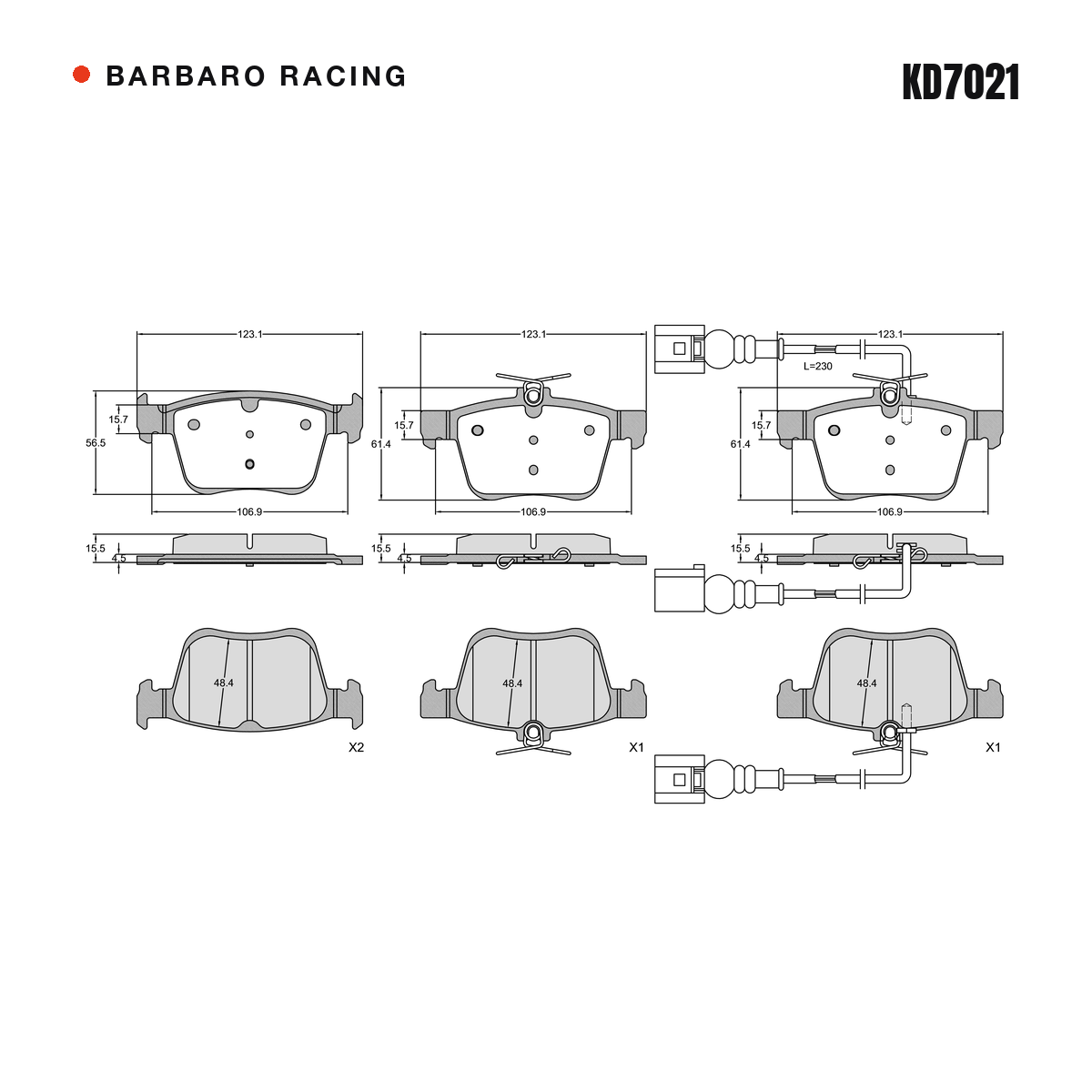 Barbaro Racing KD7021 brake pad shape drawing - 123.1 x 61.4 x 15.5 mm