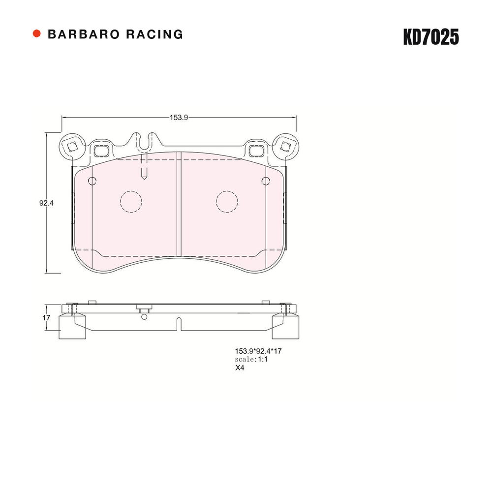 Barbaro Racing KD7025 brake pad shape drawing - 153.9 x 92.3 x 17 mm
