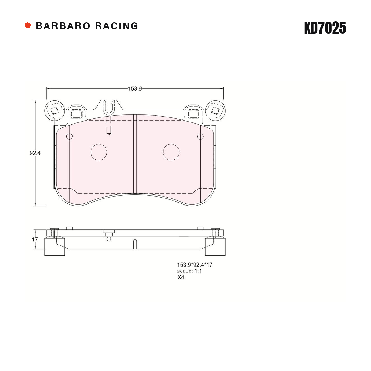 Barbaro Racing KD7025 brake pad shape drawing - 153.9 x 92.3 x 17 mm