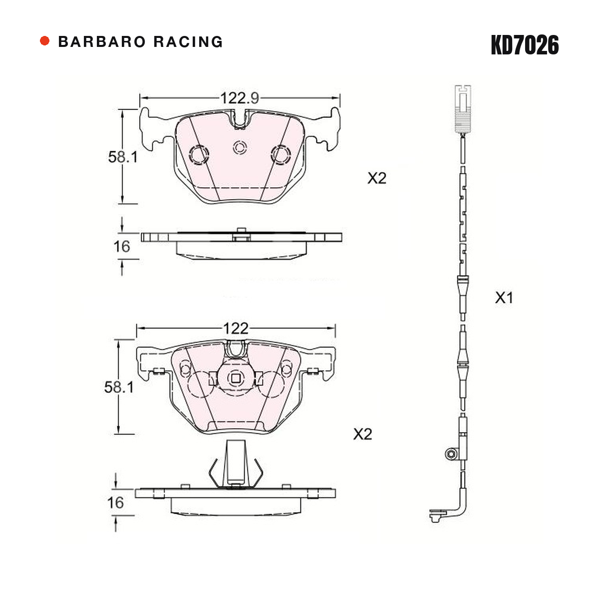 Barbaro Racing KD7026 brake pad shape drawing - 122.9 x 58.1 x 16 mm