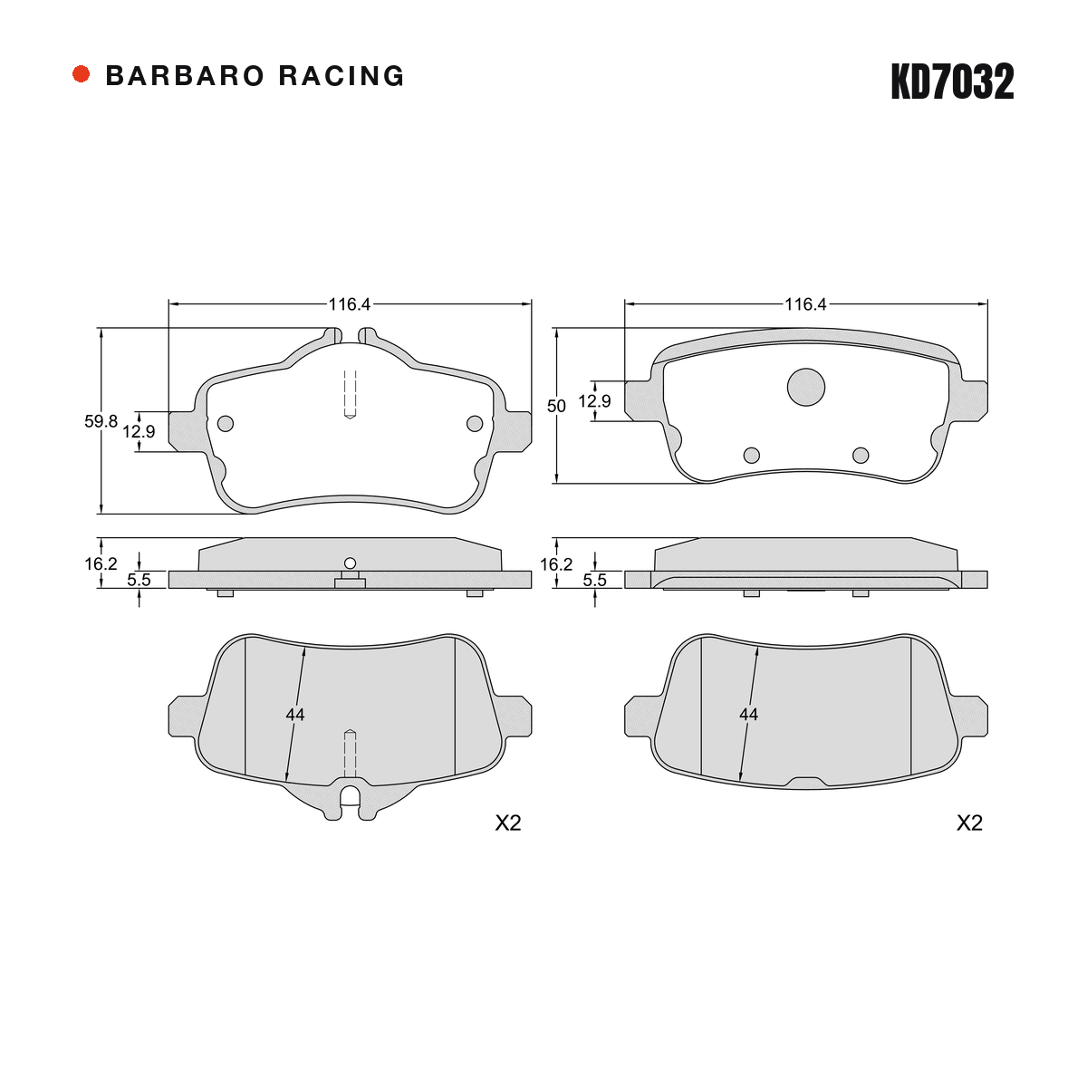 Barbaro Racing KD7032 brake pad shape drawing - 116.4 x 50 x 17.5 mm