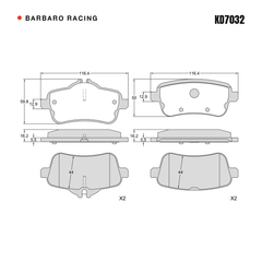 Barbaro Racing KD7032 brake pad shape drawing - 116.4 x 50 x 17.5 mm