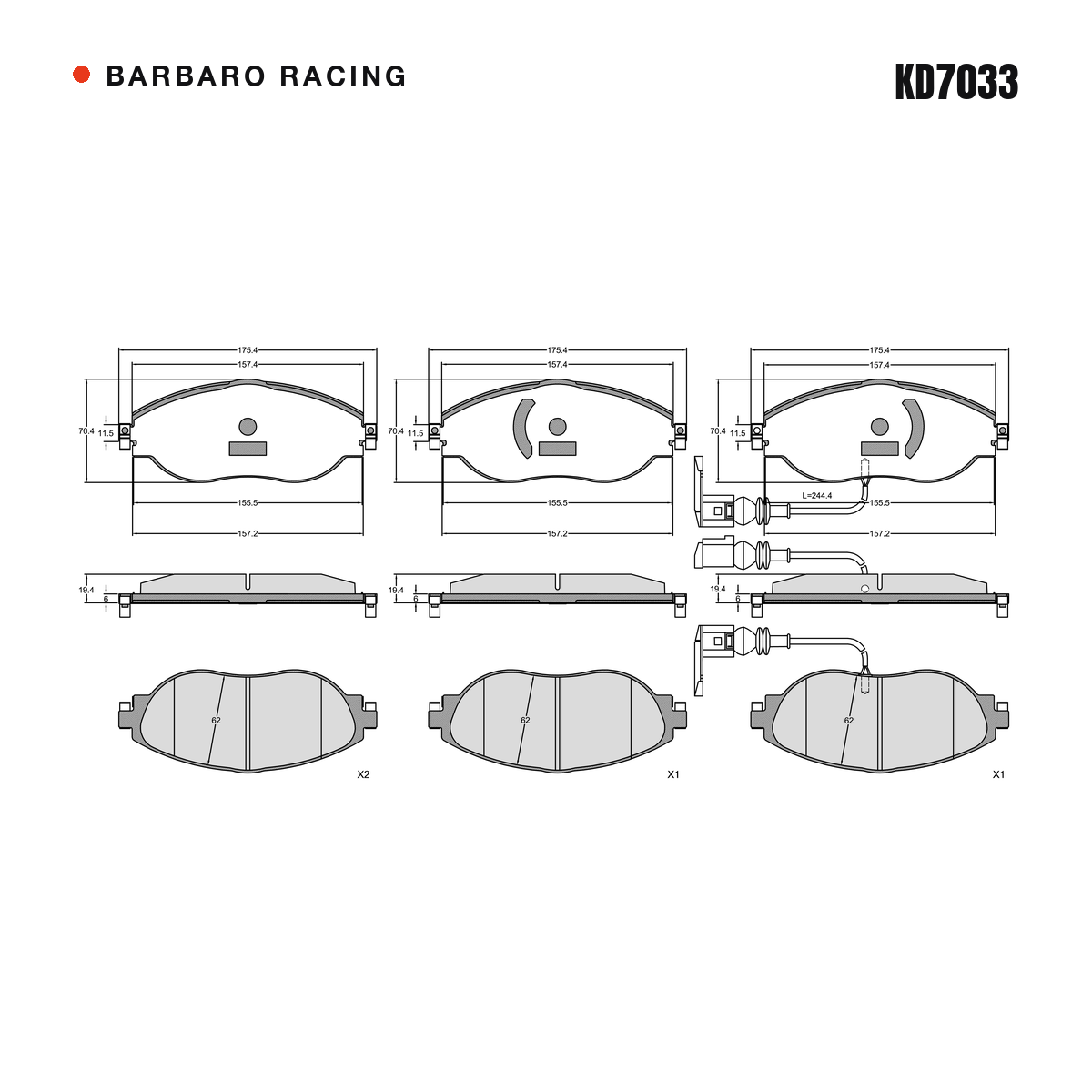 Barbaro Racing KD7033 brake pad shape drawing - 175.4 x 70.4 x 19.4 mm
