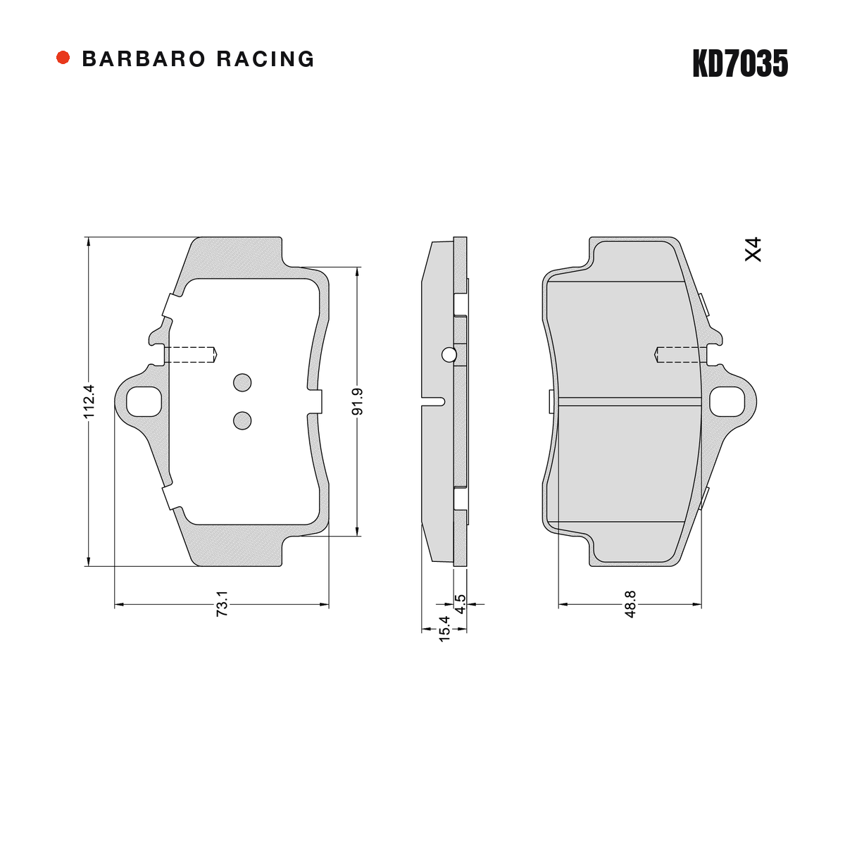 Barbaro Racing KD7035 brake pad shape drawing - 112.4 x 73.1 x 15.4 mm