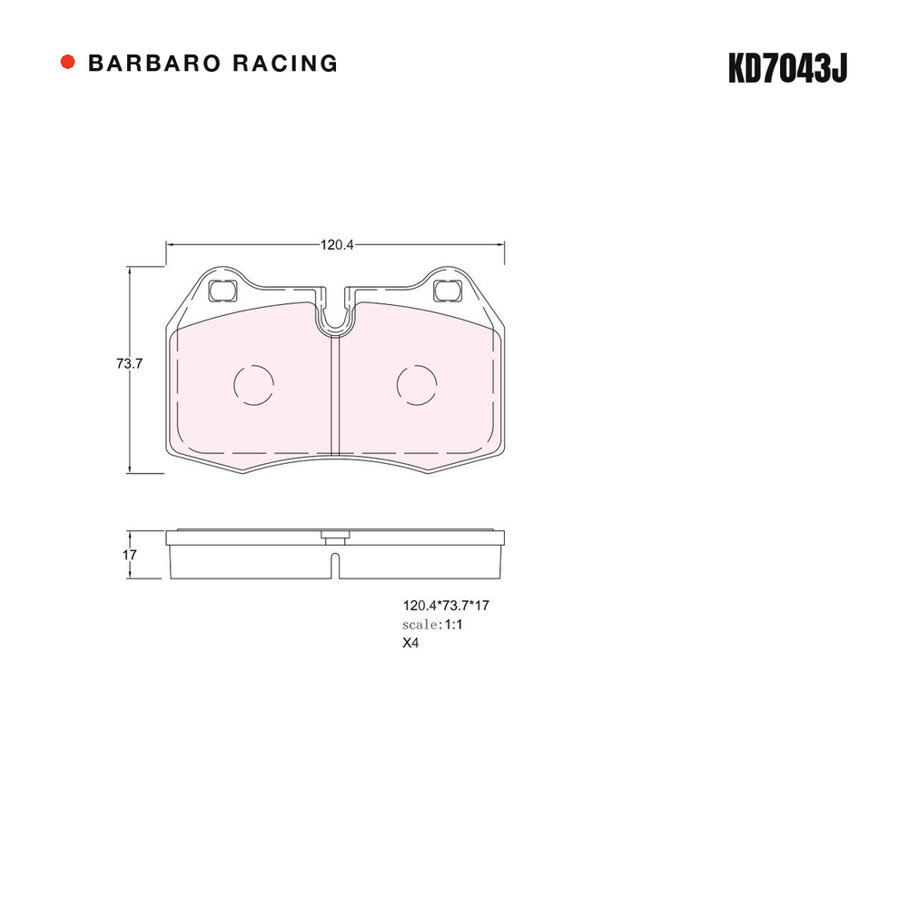 Barbaro Racing KD7043J brake pad shape drawing - 120.4 x 73.7 x 17 mm