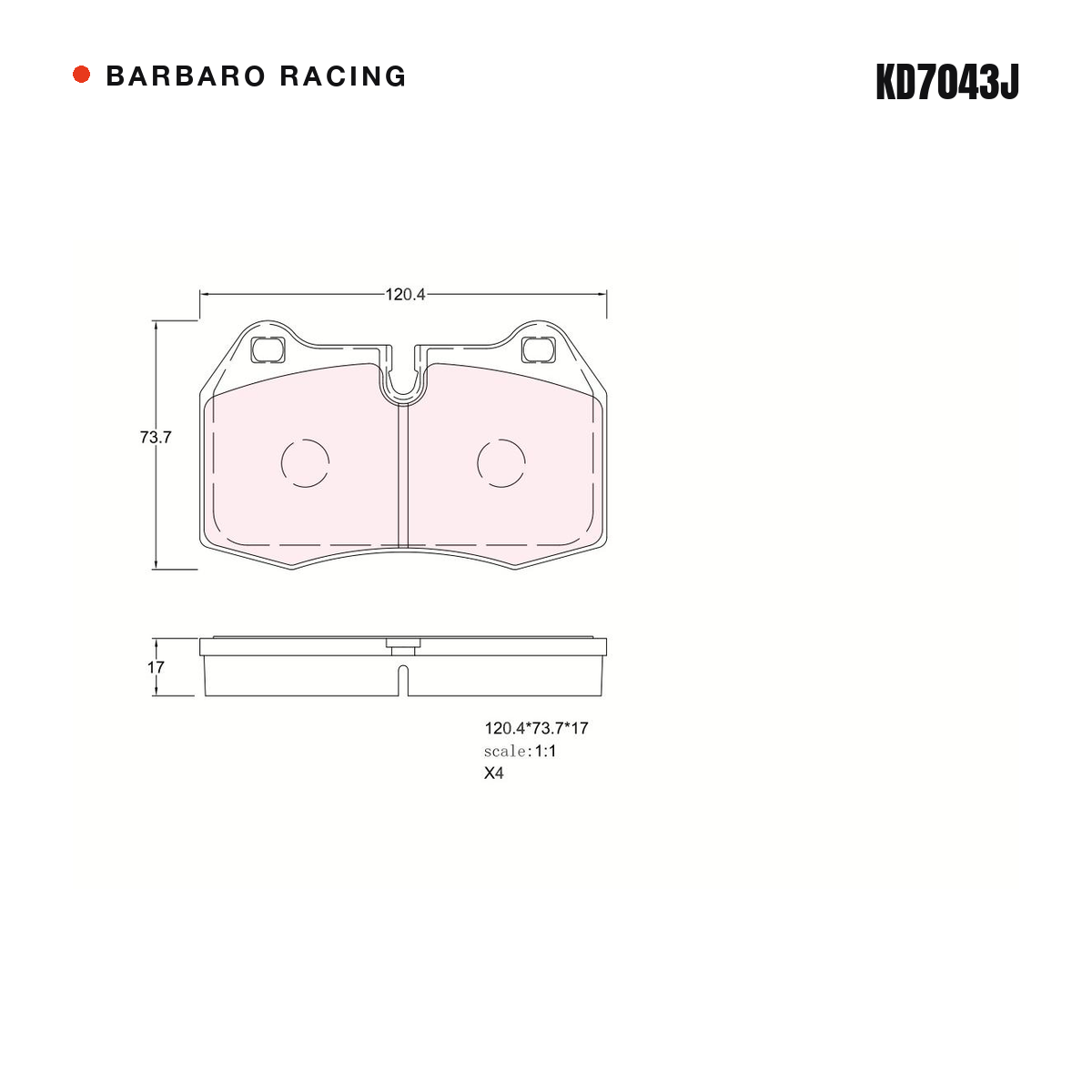 Barbaro Racing KD7043J brake pad shape drawing - 120.4 x 73.7 x 17 mm